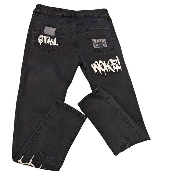 Rutherford Skinny Fit Jeans Mens 34 Distressed Graffiti Patches Streetwear Bold - Picture 3 of 12